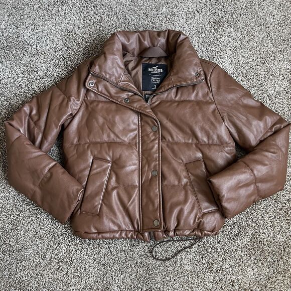Women’s HOLLISTER Puffer Collection SIZE S Coat Brown Faux Leather - Picture 1 of 9